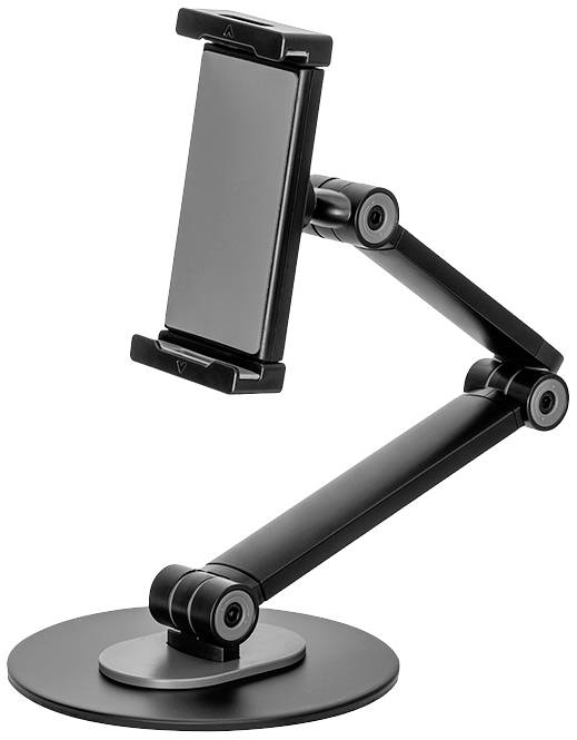Zwarte, verstelbare tafelhouder voor smartphones en tablets, rust op een ronde voet en heeft twee scharnierende armen.