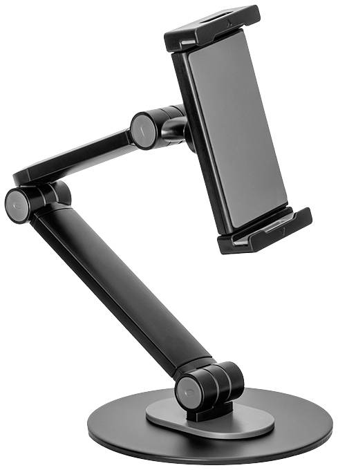 Zwarte, verstelbare tablethouder met stabiele voet en flexibele arm, ideaal voor handsfree kijken op bureaus.