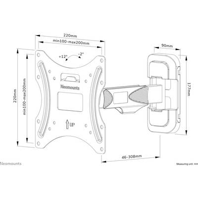 Wandsteun voor tv/monitor, kantelbaar ±12°, zwenkarm 46-308mm, VESA 100-200mm compatibel. Afmetingen en pijlen gemarkeerd.