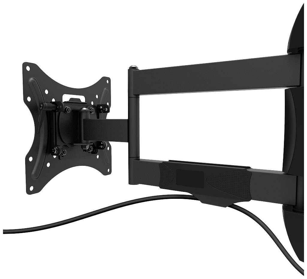 Kantelbare tv-wandbeugel van metaal, links uitgelijnd, met één kabel. Geschikt voor flexibele positionering van beeldschermen.