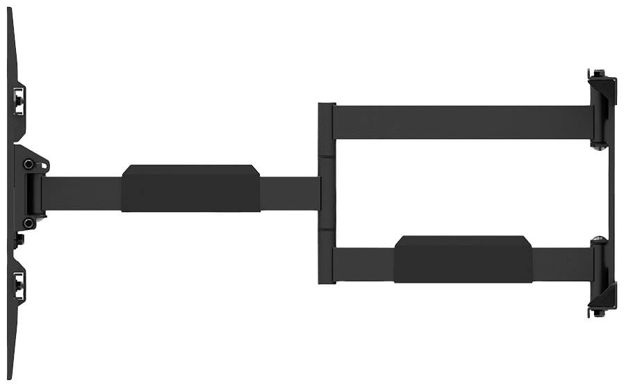 Kantelbare tv-wandsteun, uitgeschoven, zijaanzicht. Geschikt voor verschillende schermformaten met een robuust bevestigingsmechanisme.
