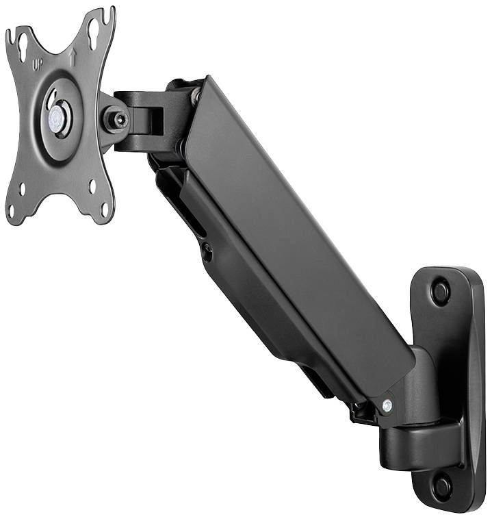 Zwarte, verstelbare metalen monitorbeugel voor wandmontage. Geschikt voor beeldschermen. Voorzien van zwenk- en kantelingsmechanisme.