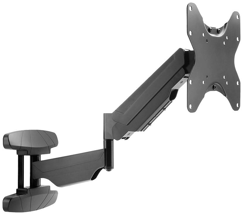 Wandmontage voor beeldscherm: Zwarte, beweegbare houder met meerdere scharnieren voor flexibele positionering van een display.