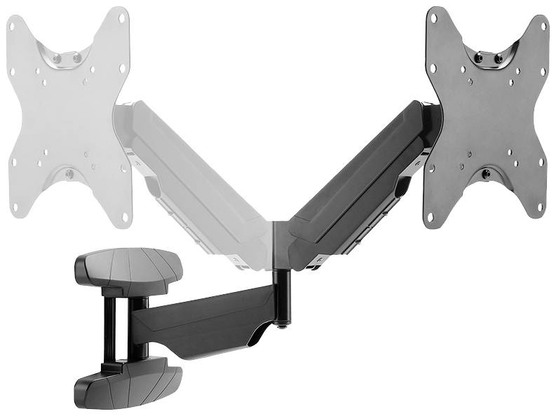 Monitorarmsteun met dubbel scharnier, ideaal voor flexibel positioneren van beeldschermen. Geschikt voor VESA-compatibele monitors.