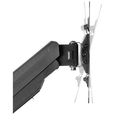 Een zwarte monitorarm van metaal is zijdelings aan een glazen oppervlak bevestigd. De arm is draaibaar en wijst naar links.