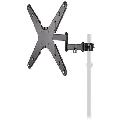 Een zwarte, verstelbare muurbeugel voor flatscreen-tv's, gemonteerd aan een verticale witte buis, geschikt voor verschillende schermformaten.