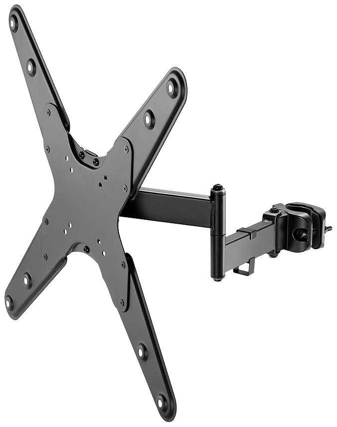 Een draaibare tv-wandsteun in zwart, geschikt voor platte beeldschermen. Toont armen en bevestigingsschroeven voor het aanpassen van de uitlijning.