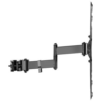 Zwarte tv-wandsteun met volledig beweegbare arm, gemonteerd aan een muur. Geschikt voor het ophangen van flatscreen-televisies.