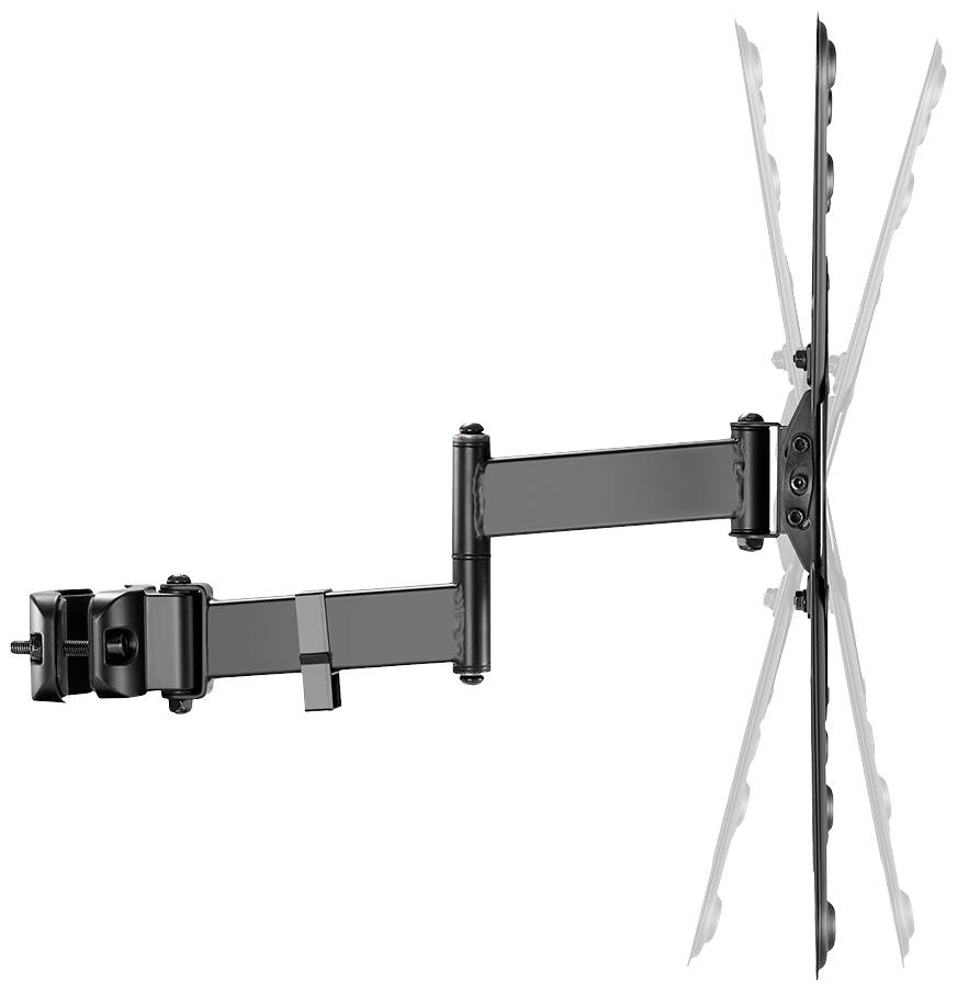 Zwenkbare, zwarte tv-beugel met verstelbare armen, geschikt voor wandmontage van flatscreen-televisies in verschillende formaten.