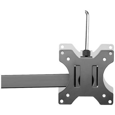 Een metalen VESA-beugel met verstelbare arm voor het bevestigen van monitoren aan de muur, voorzien van een haak bovenaan en een zichtbaar gatpatroon.