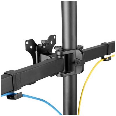 Een verstelbare monitorarm van zwart metaal met kabelbeheersysteem. Twee kabels zijn vastgezet, in geel en blauw.