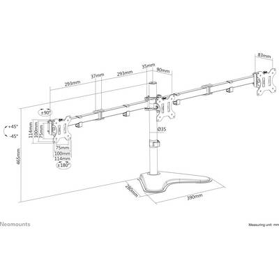'Diagram van een Neomounts-monitorarmensysteem met afmetingen: hoogte 465 mm, breedte 390 mm. Details tonen draaihoeken en bevestigingspunten.'