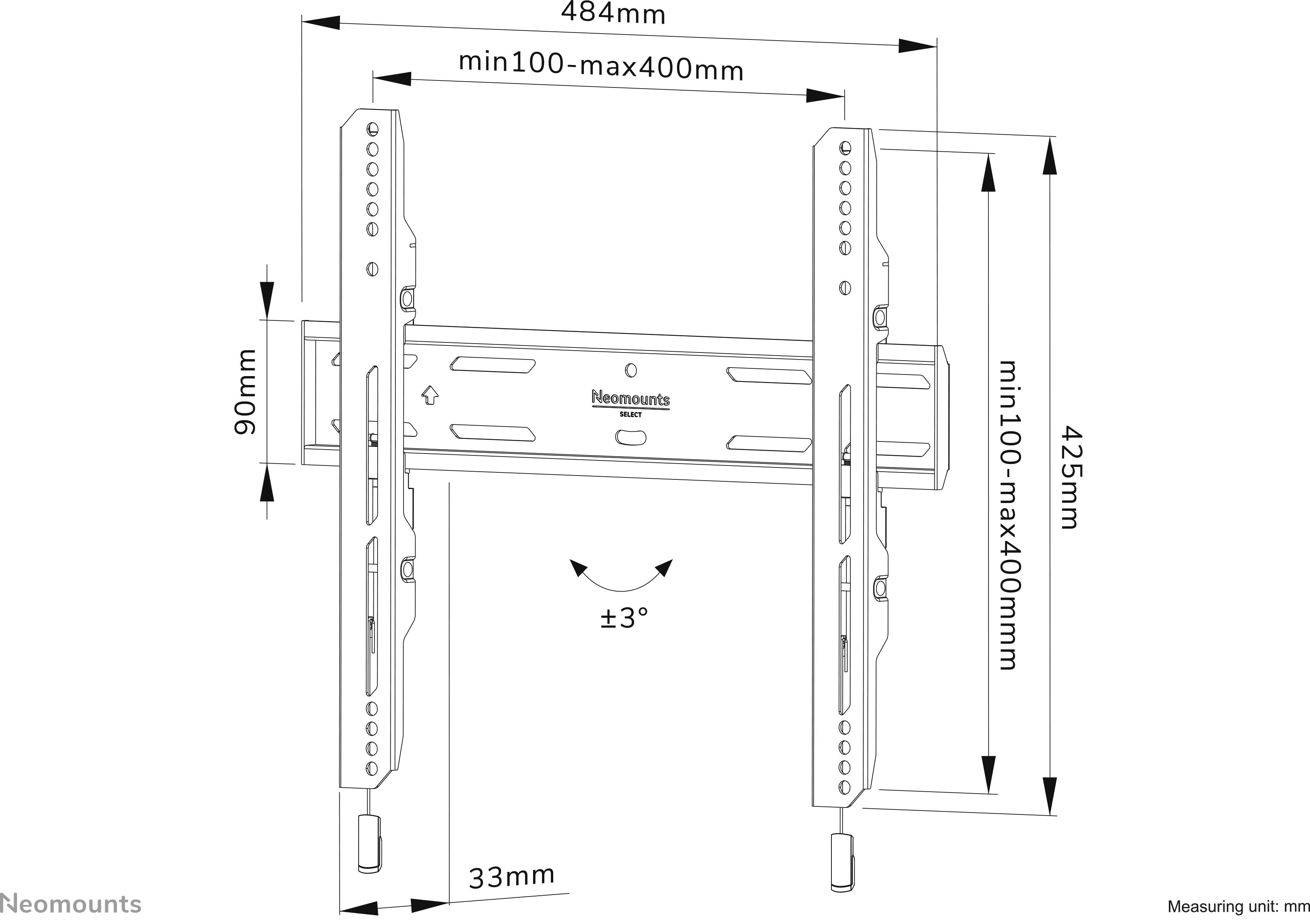 'Technical drawing of a TV wall mount by Neomounts. Dimensions: Width 484mm, Height 425mm, Adjustment range 100-400mm, Tilt ±3°.'