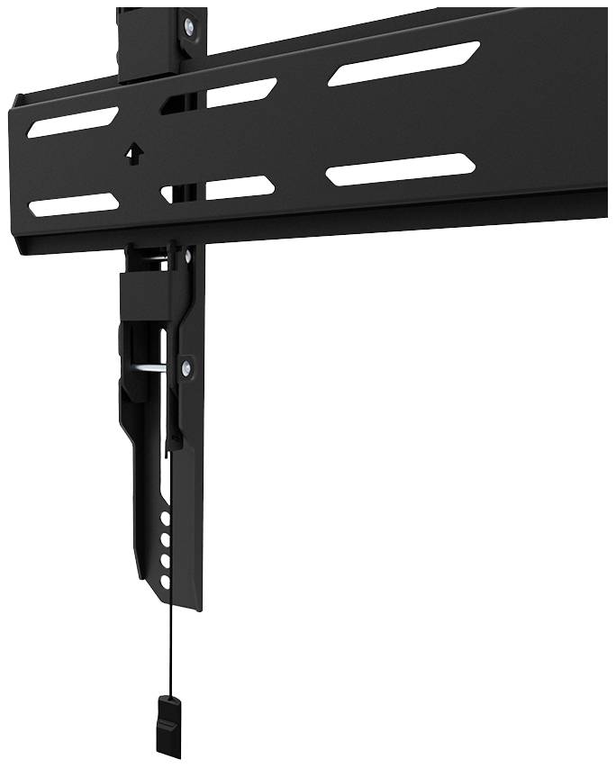 Zwarte metalen tv-wandsteun, getoond van opzij, met licht verstelbare armen en kabels. Geschikt voor flatscreens.