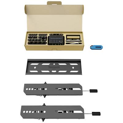 Een montageset voor wandmontage met schroeven, gereedschap en bevestigingsbeugels. Geschikt voor het bevestigen van schermen aan muren.