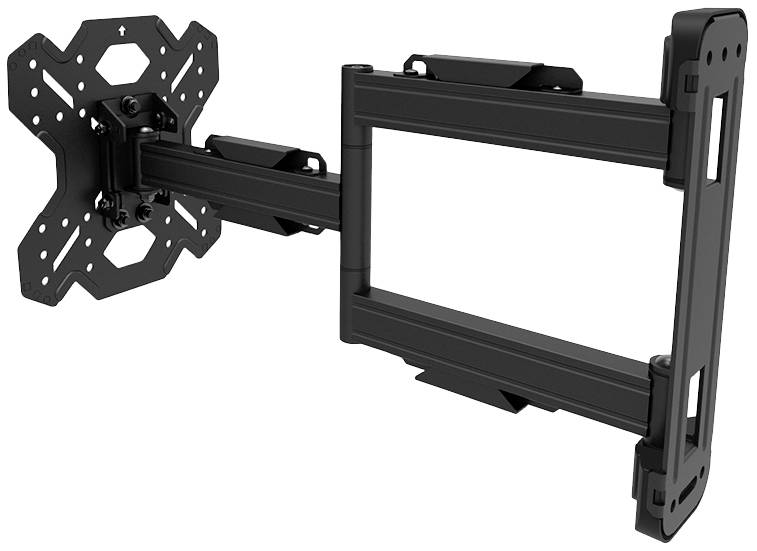 Zwarte metalen tv-wandsteun, kantelbaar en draaibaar, geschikt voor het ophangen van flatscreen televisies.