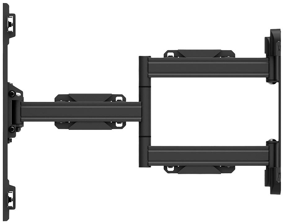 Wandhouder voor het bevestigen van een flatscreen, voorzien van beweegbare scharnieren voor flexibele positionering en hellingshoeken.