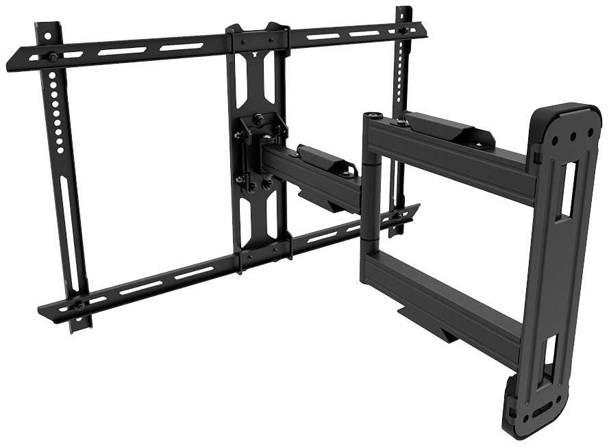 Een zwarte, draaibare tv-wandsteun, geschikt voor het bevestigen van flatscreens. Hij is gemaakt van metaal en biedt flexibele instelmogelijkheden.
