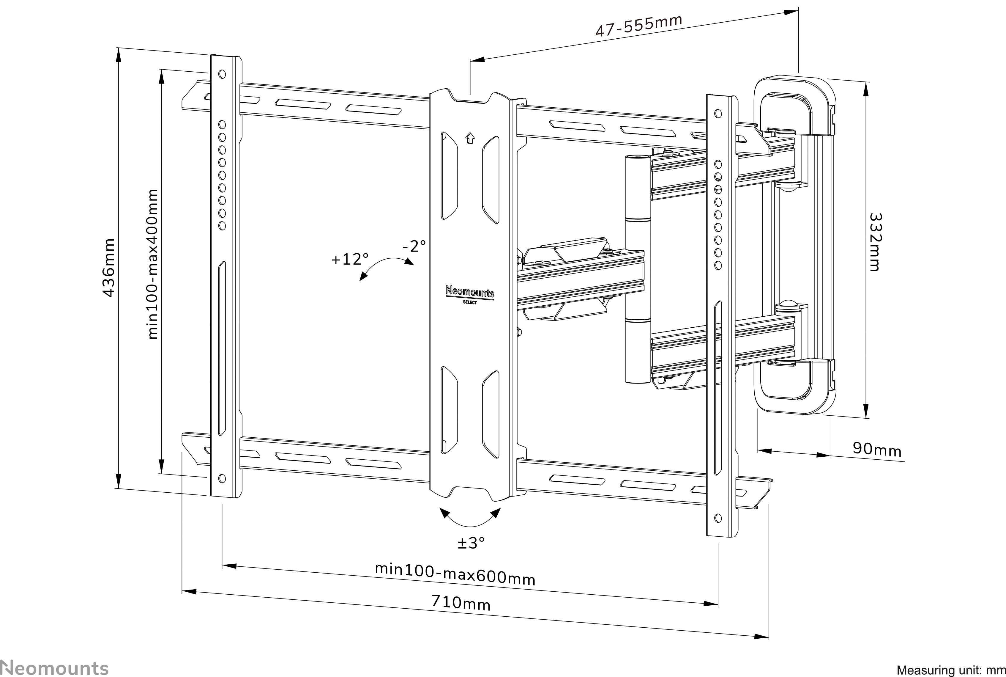 TV-muurbeugel, kantelbaar en draaibaar, geschikt voor VESA-standaarden tot 600x400mm, uittrekbaar van 47-555mm, maximale kanteling +12°/-2°.