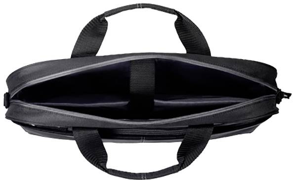 Zwarte laptoptas van bovenaf geopend, met hoofdcompartiment en twee handgrepen zichtbaar.