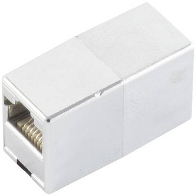 Een zilveren RJ45-koppelstuk voor het verbinden van twee Ethernet-kabels met vrouwelijke aansluitingen aan beide uiteinden, geschikt voor netwerktoepassingen.