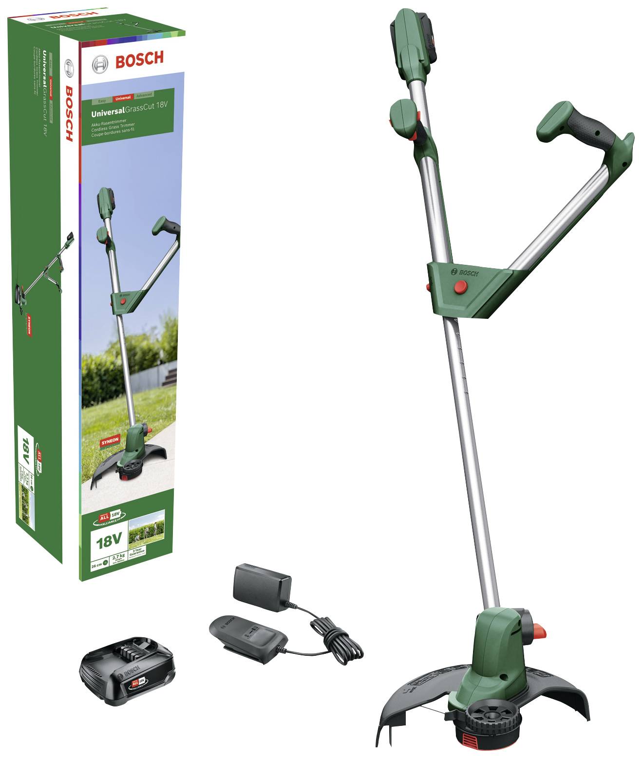 Een groene Bosch accu-grastrimmer met toebehoren en verpakking, geschikt voor het maaien van gras, 18V vermogen.