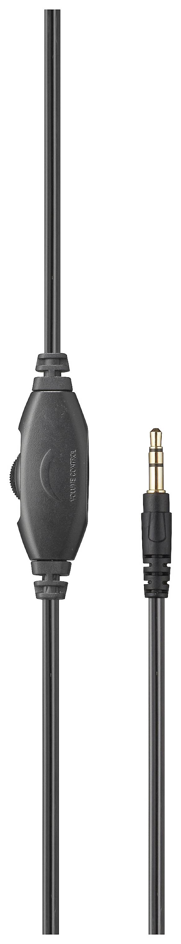 Een zwart audiokabel met een geïntegreerde volumeregeling en een 3,5-mm jackplug.