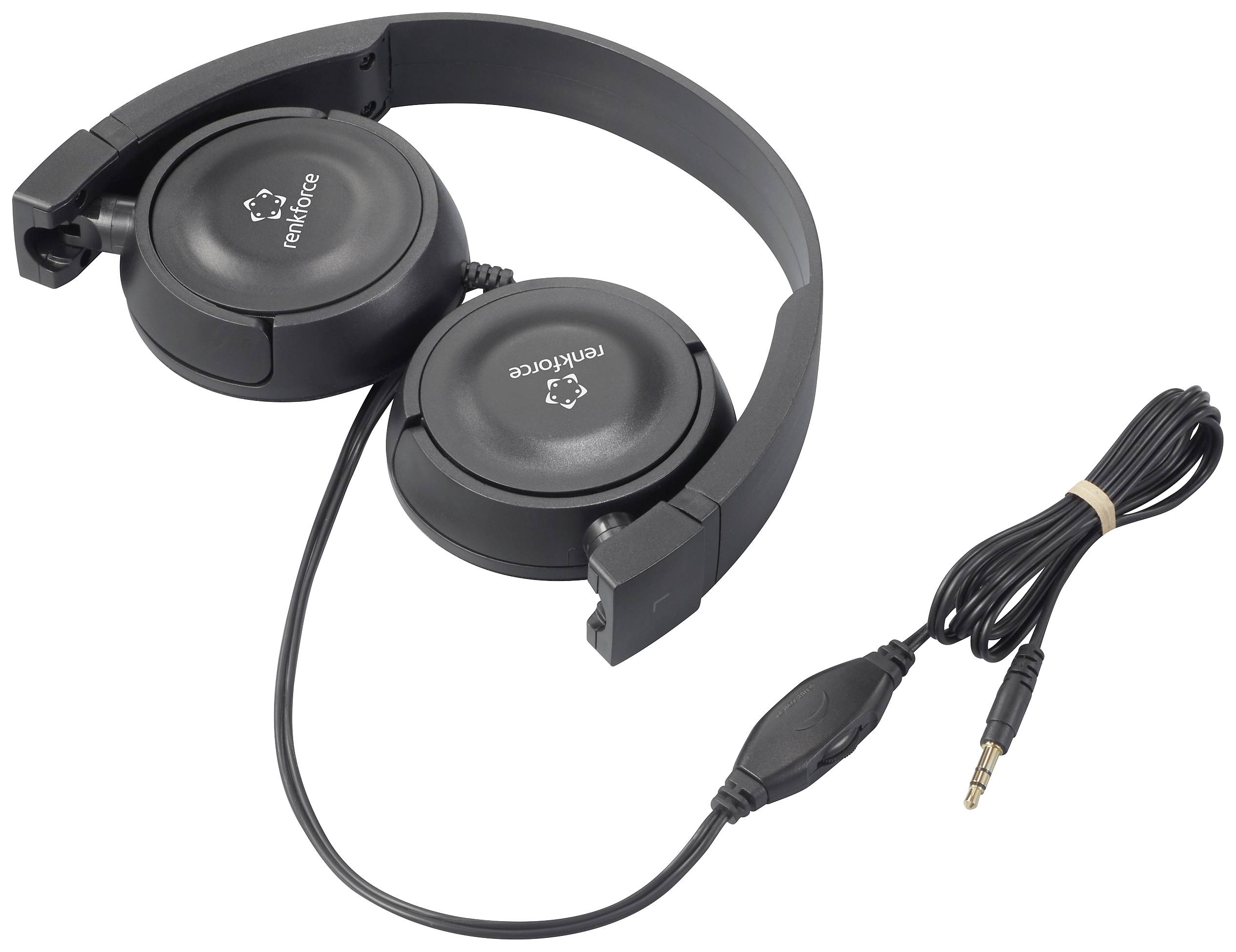 Zwarte, opvouwbare koptelefoon met kabel en 3,5-mm-jackplug, liggend op een lichte ondergrond.