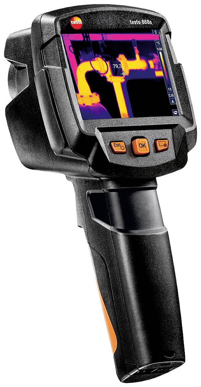 Infraroodcamera toont de warmteverdeling op een buizensysteem op het display. Hoofdkleuren: Geel en Paars.