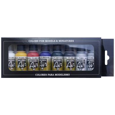 Acht flesjes Model Air-kleuren in verschillende tinten in een verpakking, bovenaan voorzien van het opschrift 'Kleuren voor Modellen & Miniaturen'.