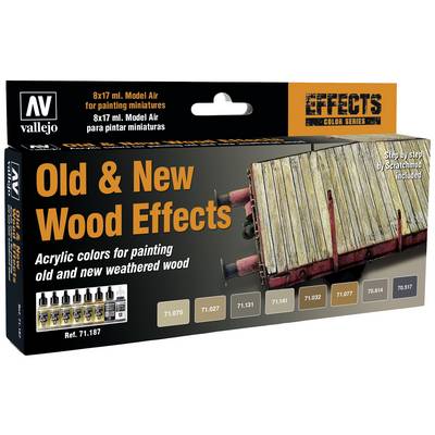 'Vallejo Effects Color Series' verpakking toont kleuren voor het weergeven van oude en nieuwe houteffecten. Bevat 8 x 17 ml kleuren.