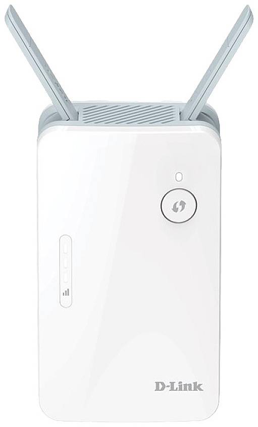 Een witte WLAN-repeater van D-Link met twee antenne-achtige uitstulpingen bovenaan en een ronde knop aan de voorkant.