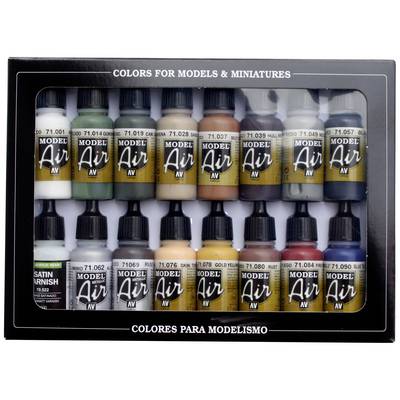 'Set van 16 modelkleuren voor modellen en miniaturen, verschillende tinten in plastic flesjes, gemerkt als "Model Air".'