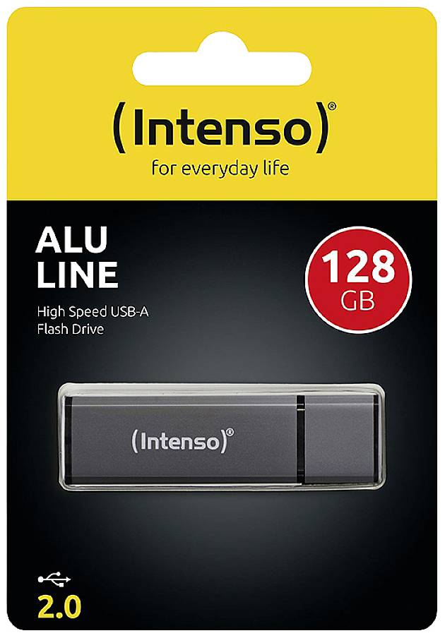 USB-stick verpakking 'Intenso ALU LINE' met 128 GB, USB 2.0. Zwarte USB-stick uitgelicht, gele achtergrond met logo.