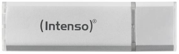 Zilveren USB-stick van Intenso, gesloten en horizontaal liggend.