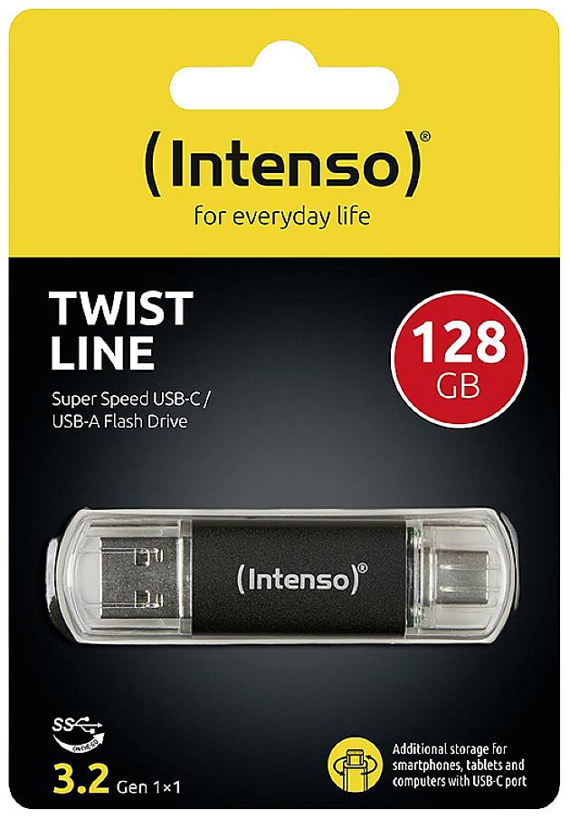 'Intenso' USB-stick 'Twist Line' met 128 GB, compatibel met USB-C en USB-A, 'Super Speed'. Verpakking geel en zwart.