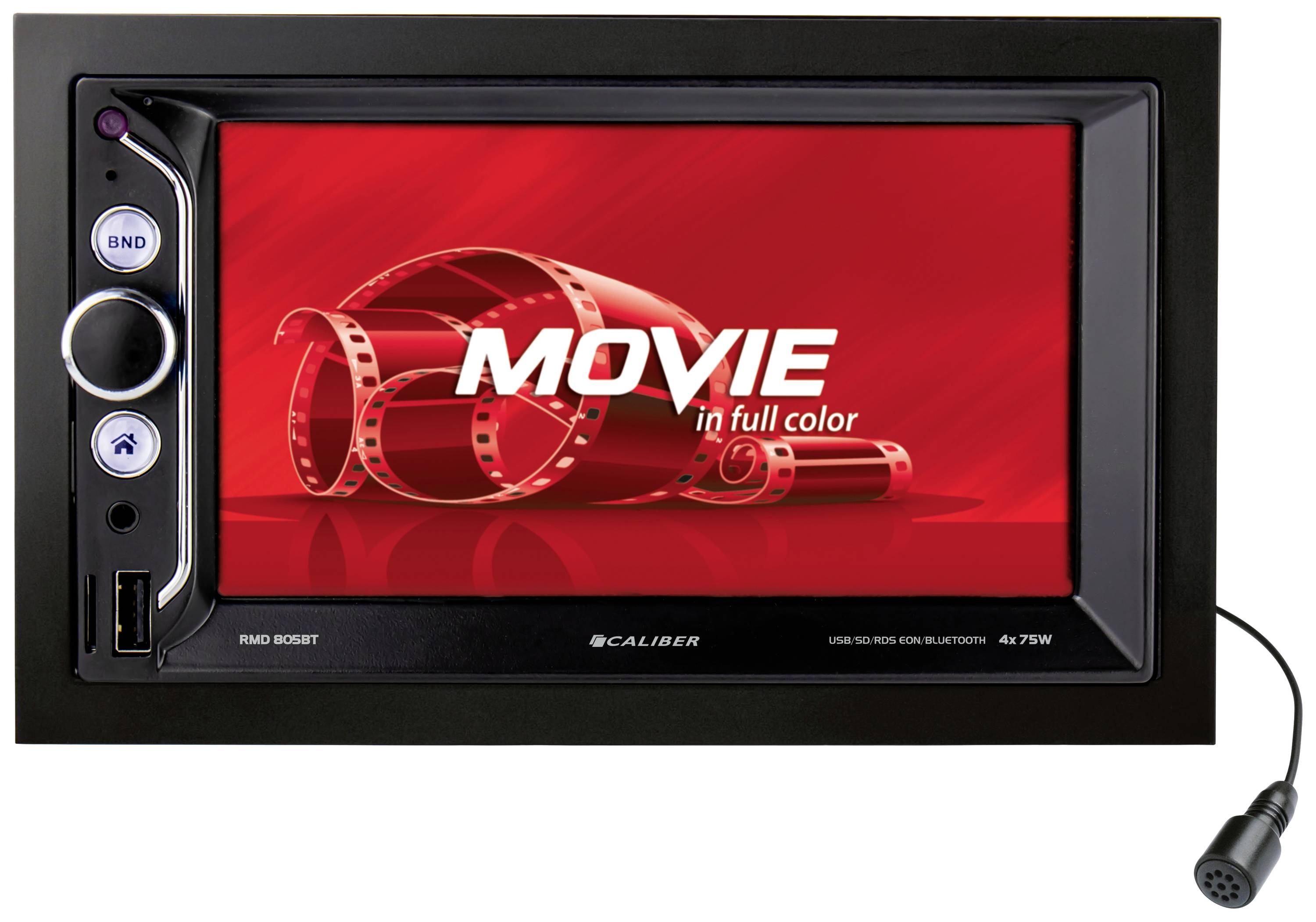 Een autoradio met een scherm dat 'MOVIE in full color' toont, omgeven door filmrollen op een rode achtergrond.