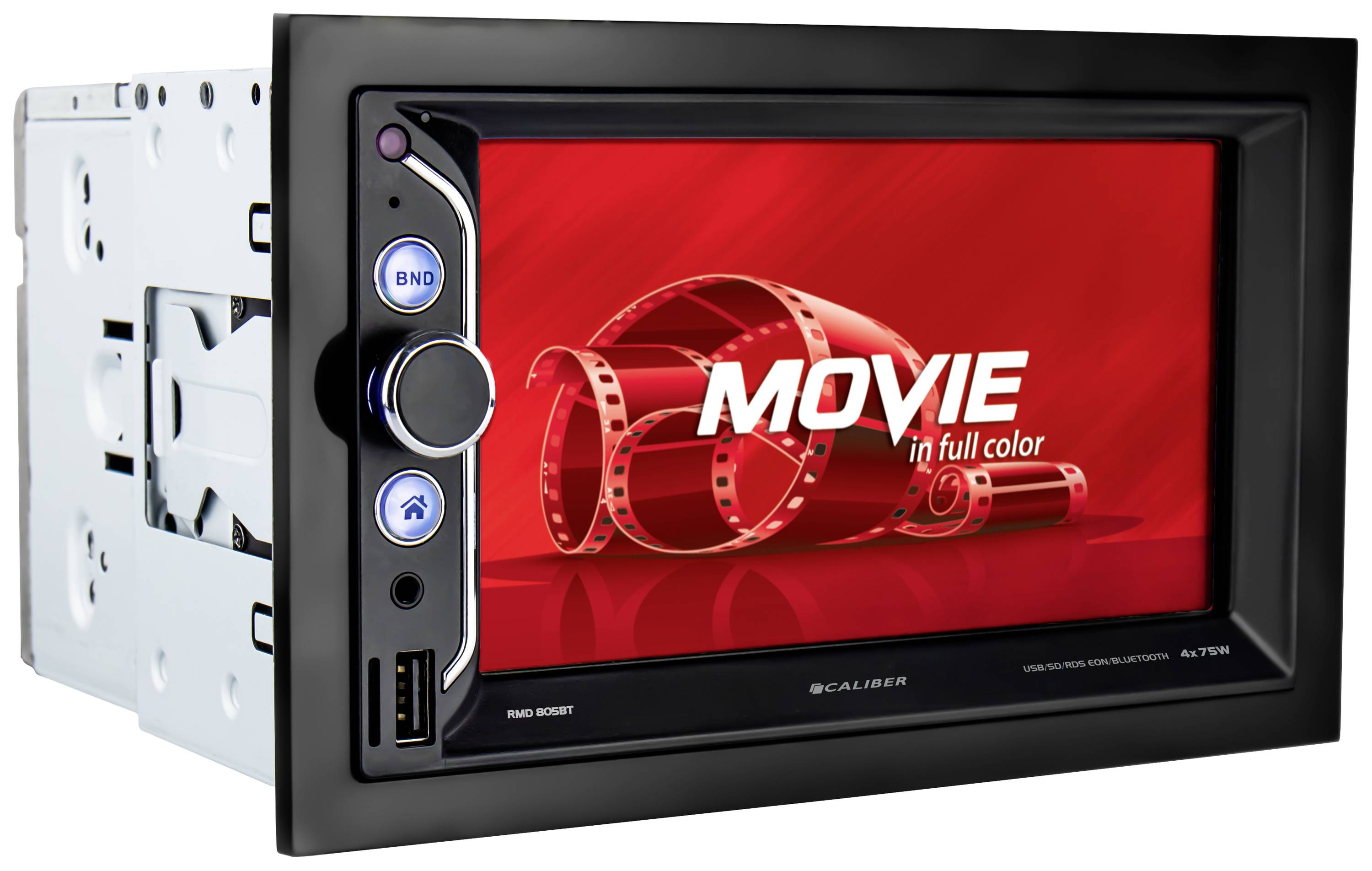 Een zwarte autoradio met scherm toont een rood beeld met filmrollen en de tekst 'MOVIE in full color'.