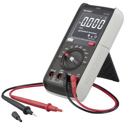 Digitale multimeter met display, toont "0.000" volt. Twee meetkabels aangesloten, rood en zwart. Apparaat staat op een steunvoet.