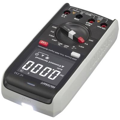 Een digitaal multimeter voor het meten van spanning, stroomsterkte en weerstand, met een groot display en meerdere aansluitpunten.