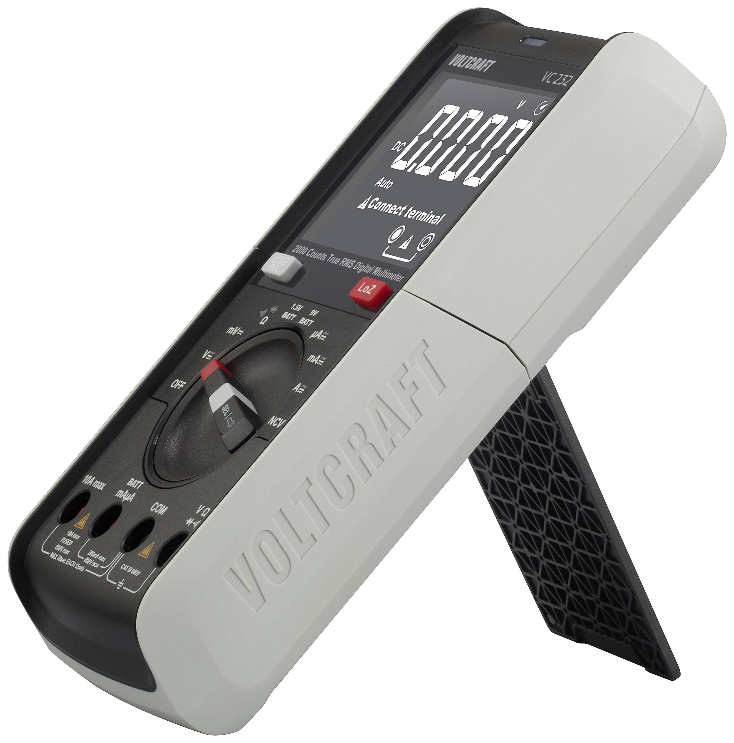 Digitale multimeter met 'Voltcraft' opdruk op de behuizing, ingebouwde standaard, groot display, draaiknop voor moduusselectie, meetaansluitingen onderaan.