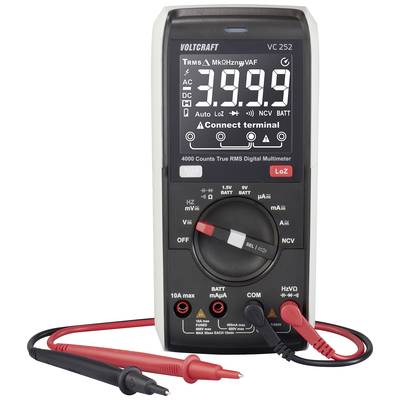 Digitale multimeter toont meetwaarde van 3,999, met rode en zwarte meetkabels. Verschillende meetmodi en instellingen zijn zichtbaar.