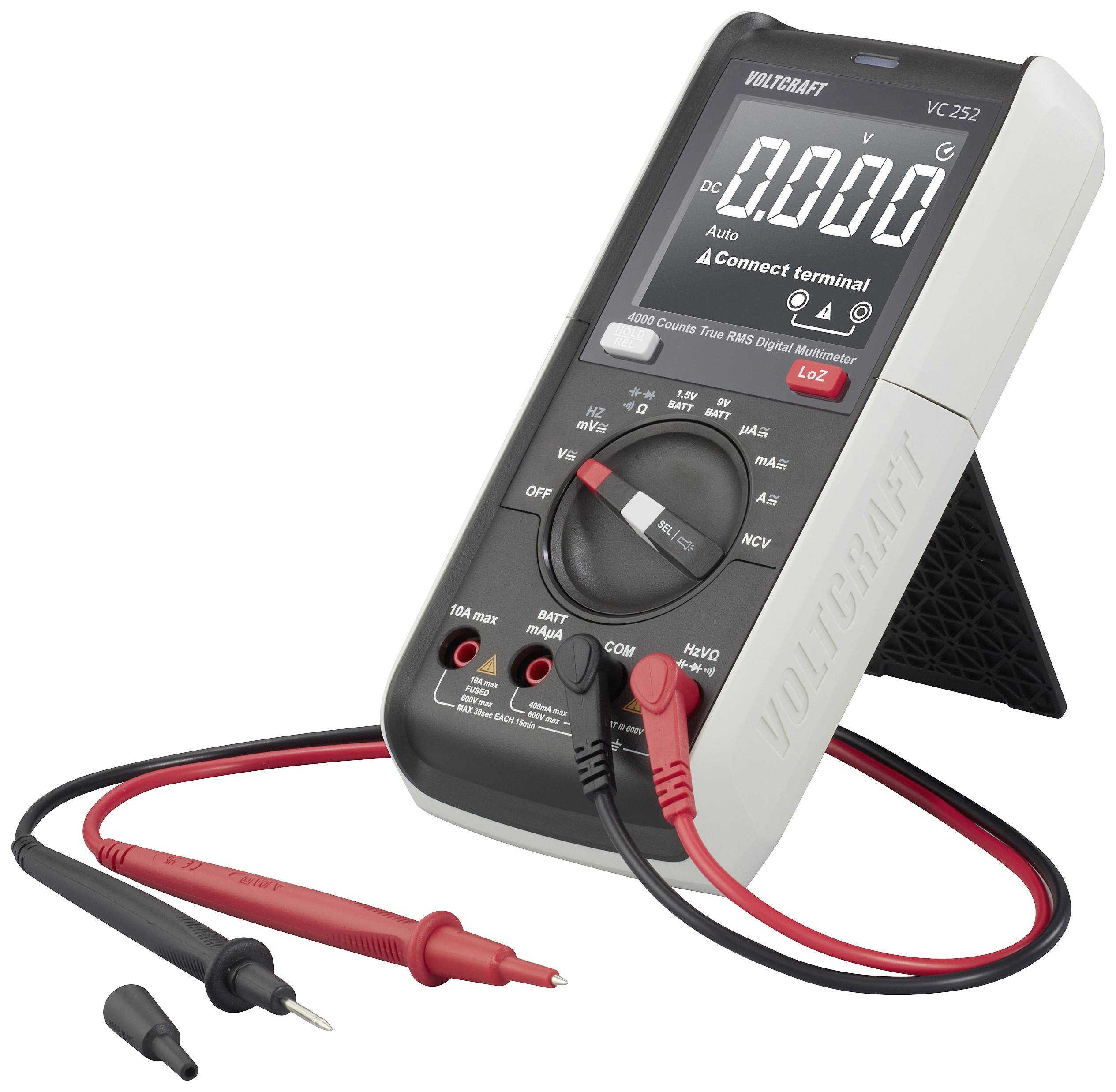 Digitale multimeter met een wit behuizing en een zwart frontpaneel, toont '000.0V'. Twee meetkabels aangesloten in rood en zwart.