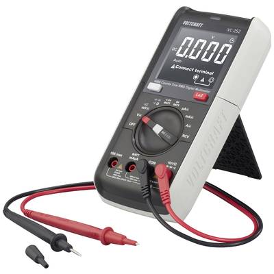 Digitale multimeter met een wit behuizing en een zwart frontpaneel, toont '000.0V'. Twee meetkabels aangesloten in rood en zwart.