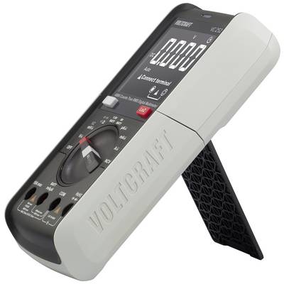 Een grijze digitale multimeter met een zwart display, die metingen weergeeft. Merknaam 'Voltcraft' rechts ingedrukt.