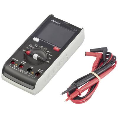 Digitale multimeter met groot display en rode meetkabels, merk Voltcraft, model VC-252, voor het meten van elektrische parameters.