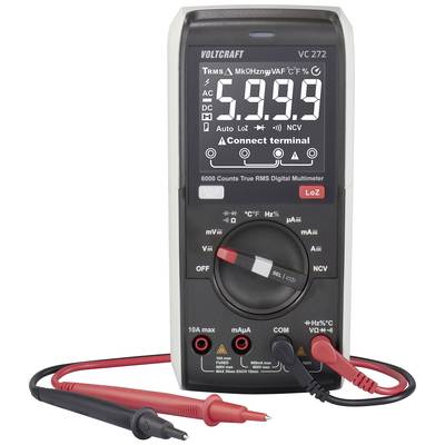 Digitale multimeter toont '5.999' op het display. Twee meetleidingen vooraan aangesloten. Merknaam 'Voltcraft' bovenaan zichtbaar.