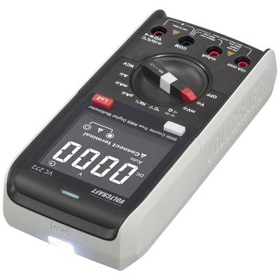 Digitale multimeter toont '0.000 V' op het display; schakelaar staat op 'V DC', verlichte toets onderaan, merknaam aan de zijkant.