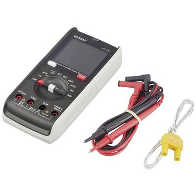 Een digitaal multimeter met toebehoren, waaronder meetsnoeren en een adapter. Apparaat voor het meten van elektrische waarden.