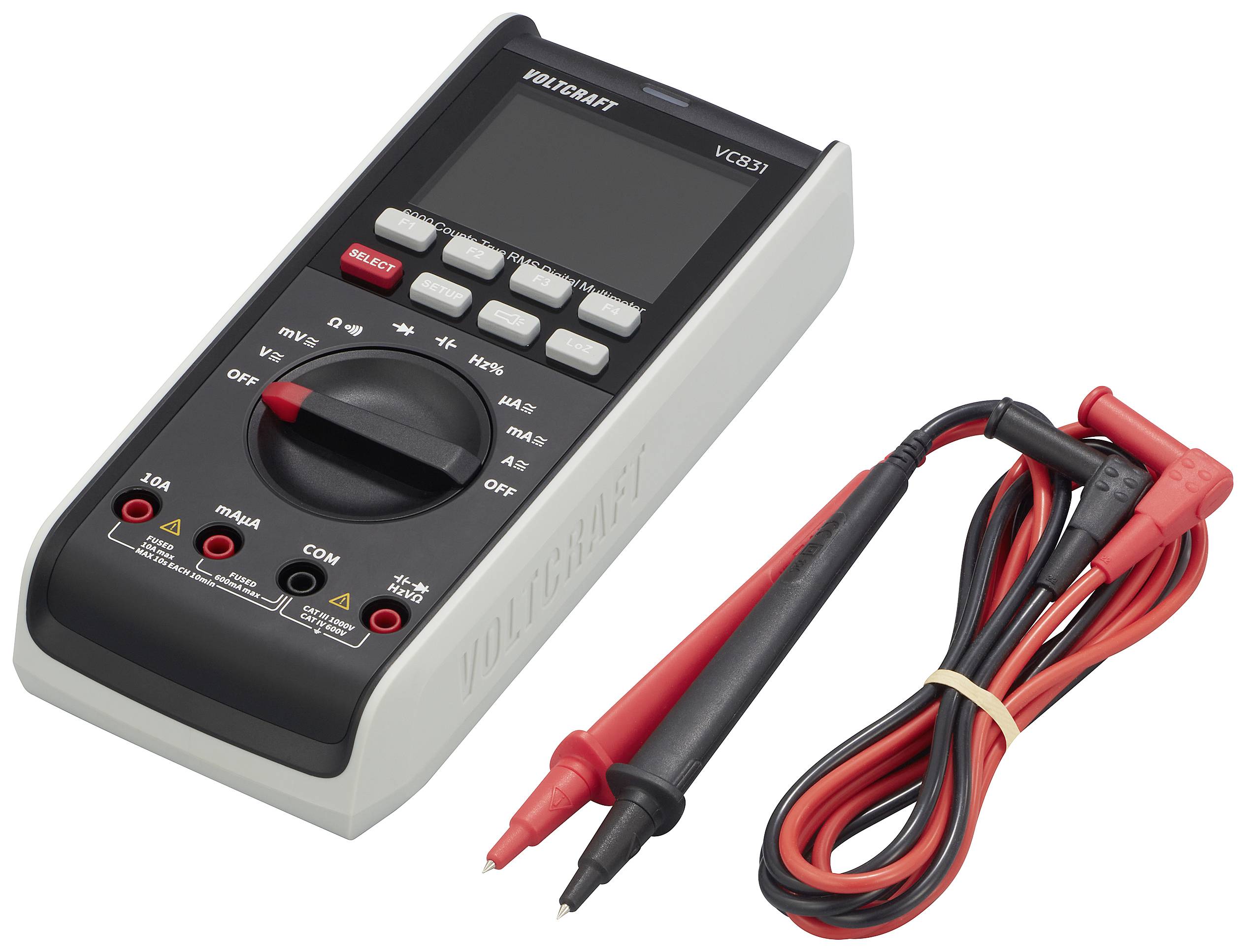 Een digitaal multimeter met display en bedieningsknoppen, naast rode en zwarte meetleidingen. Model: Voltcraft VC231.